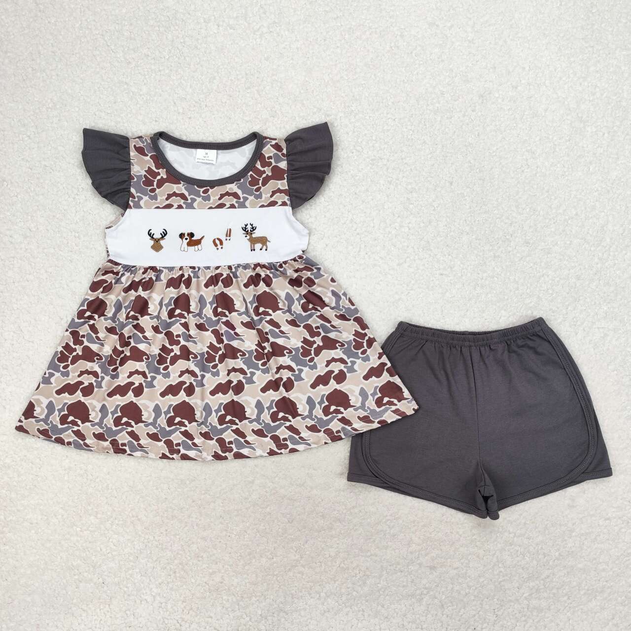 GSSO1358 embroidery hunting deer dog camo flutter sleeve black shorts girls set