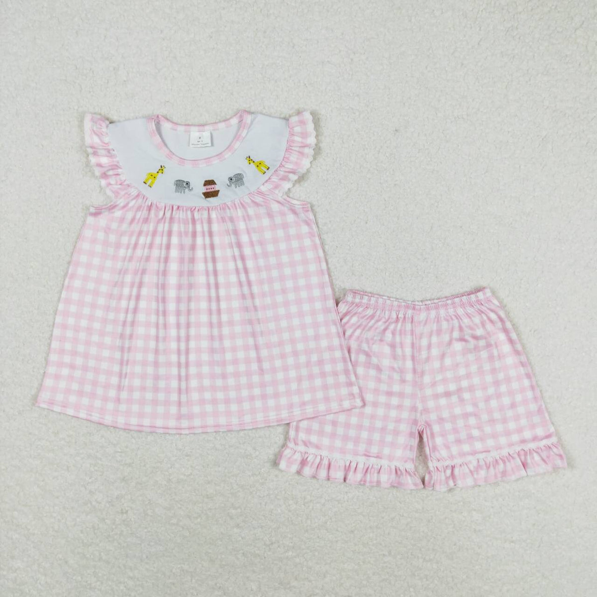 GSSO0795 embroidery Animals elephant giraffe pink checkered flutter sleeve girls set