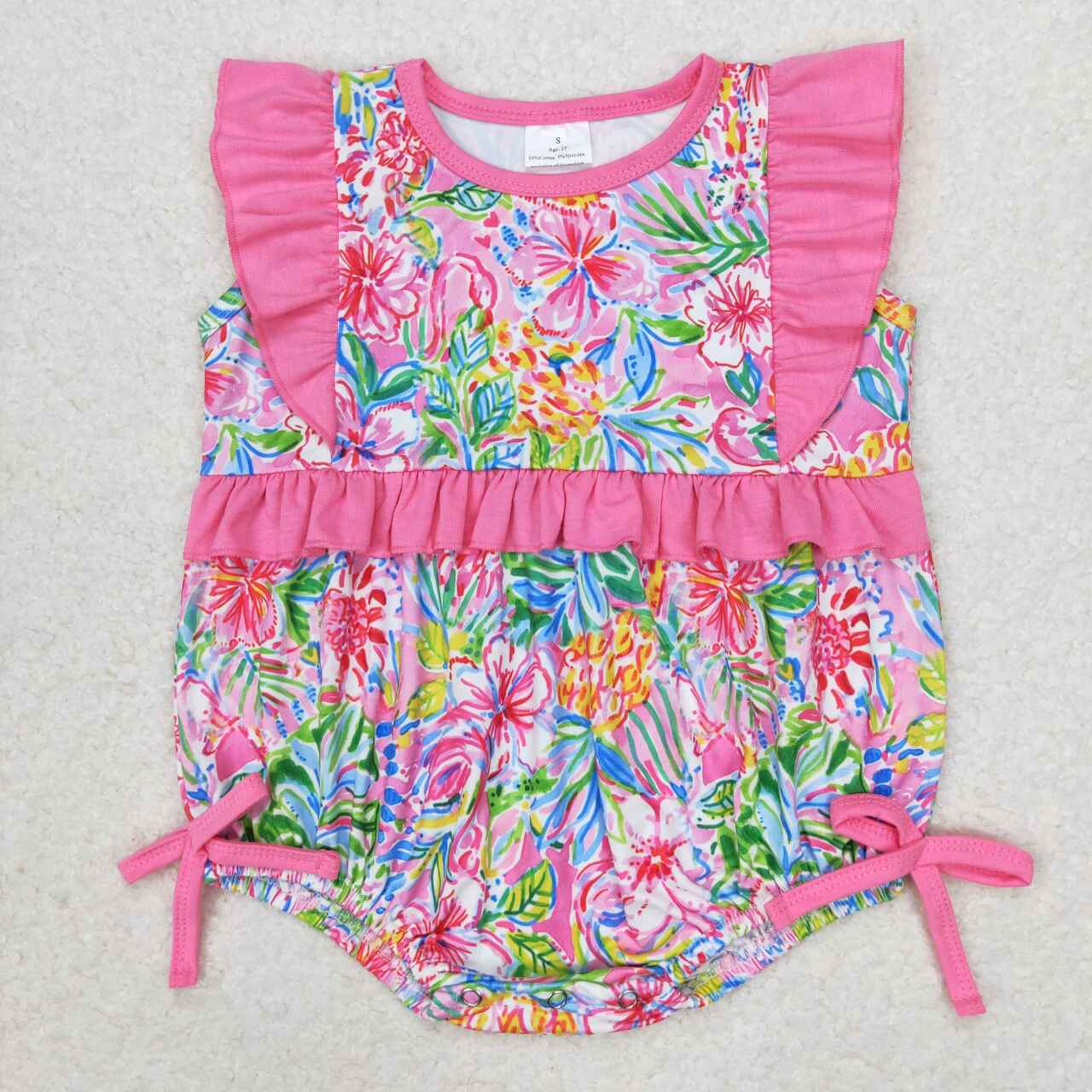 SR1036 Colorful Flowers Hot Pink Flutter Sleeve Girls Summer Romper