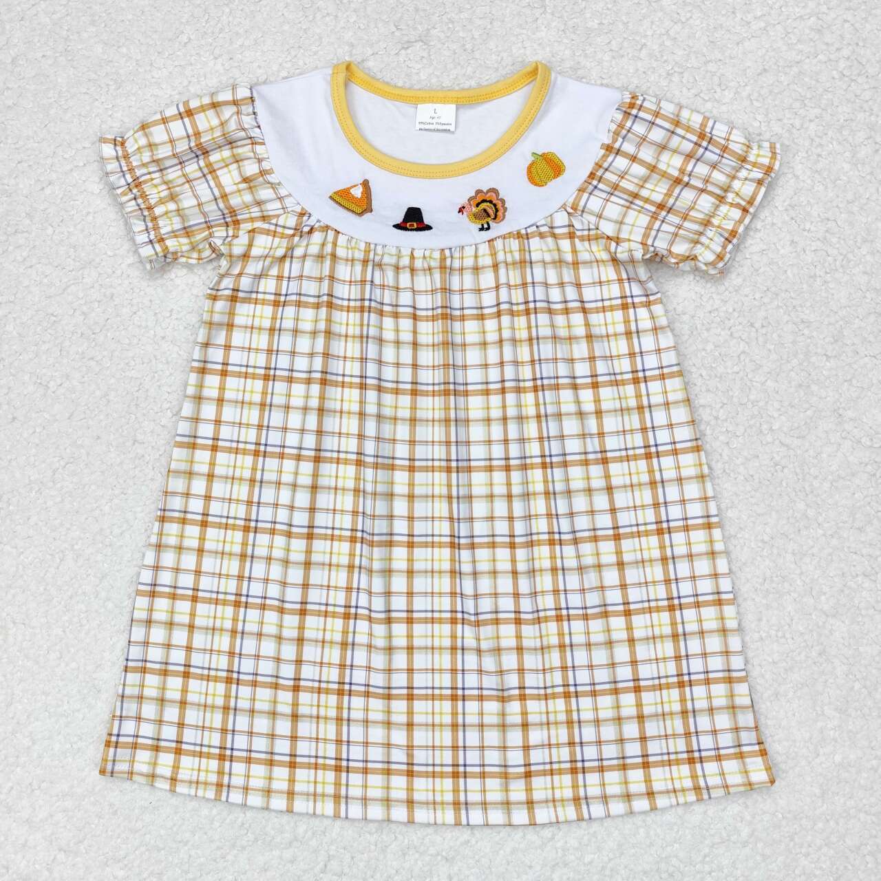 GSD1322 embroidery Thanksgving turkey pie pumpkin checkered short sleeve girls dress