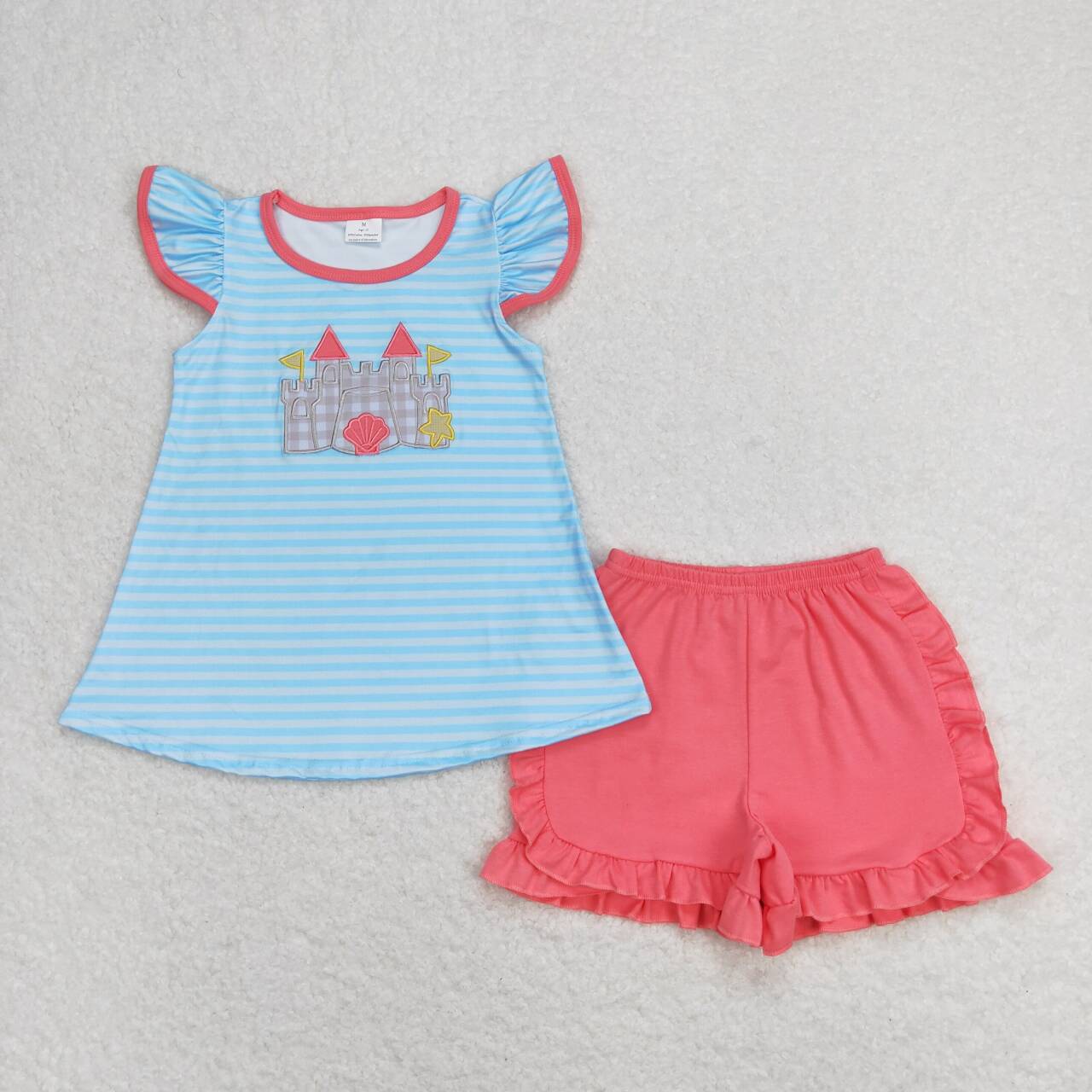 GSSO0875 embroidery beach castle blue striped flutter sleeve hot pink shorts girls set