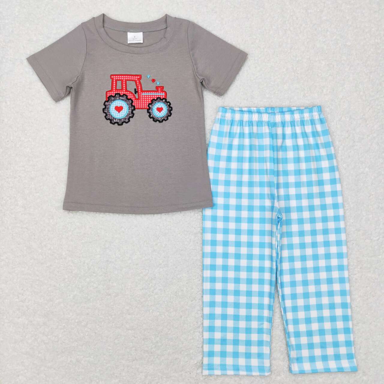 BSPO0193 Farm red tractor grey short sleeve blue checkered pants boys set