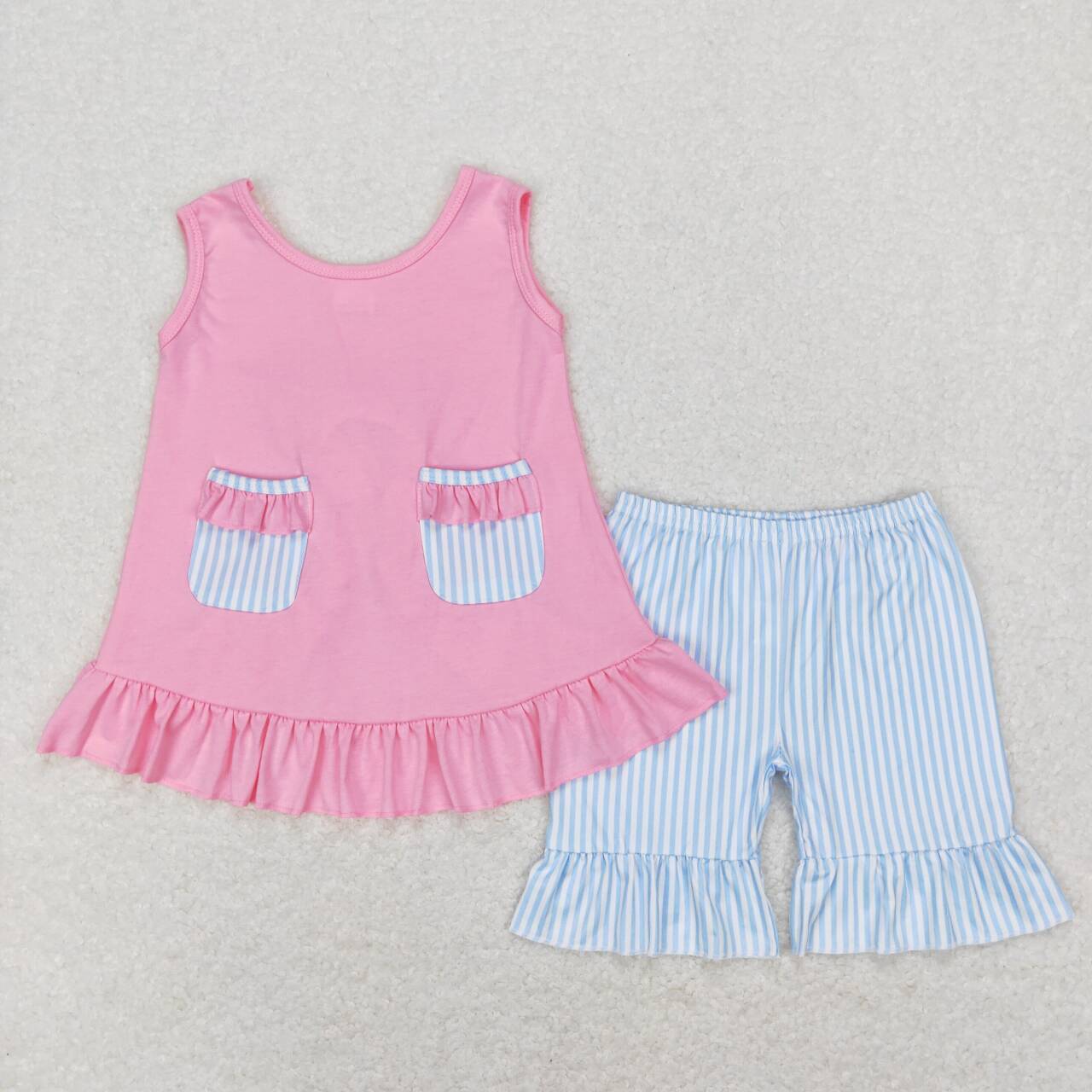 GSSO0438 Pink Bow sleeveless blue striped shorts girls set