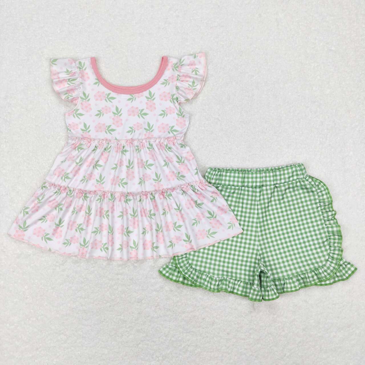 GSSO0440 Flowers pink flutter sleeve green checkered shorts girls set