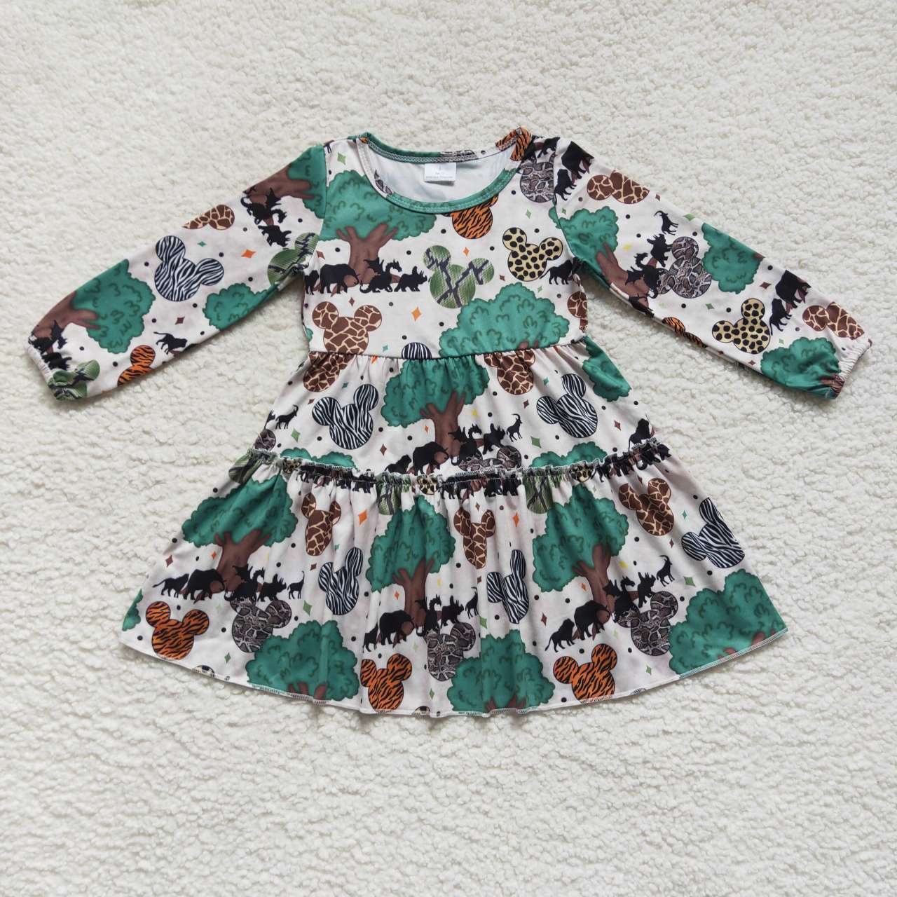 GLD0260 Tree Cartoon Green Long Sleeve Girls Dress