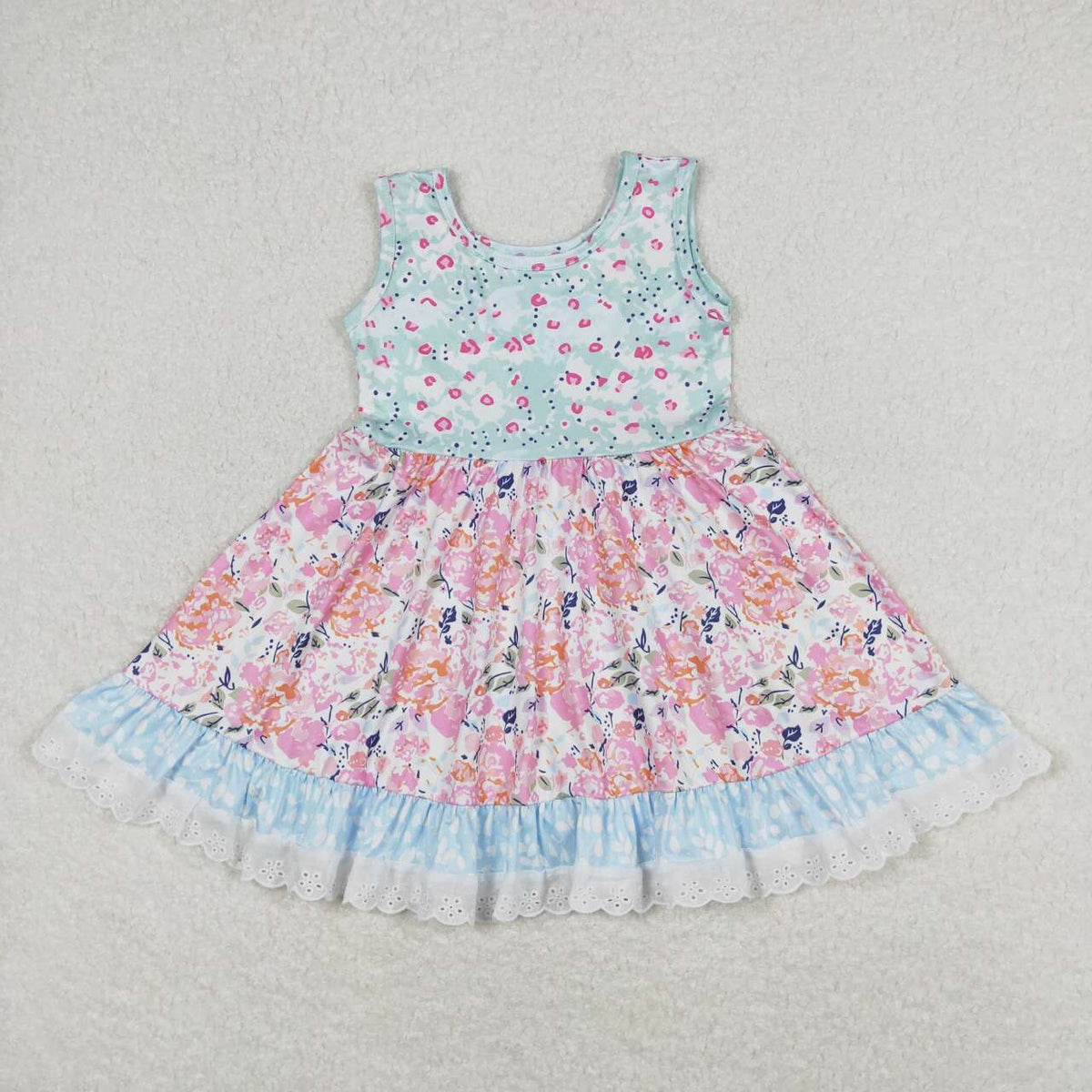 GSD0861 Pink flowers blue sleeveless girls dress