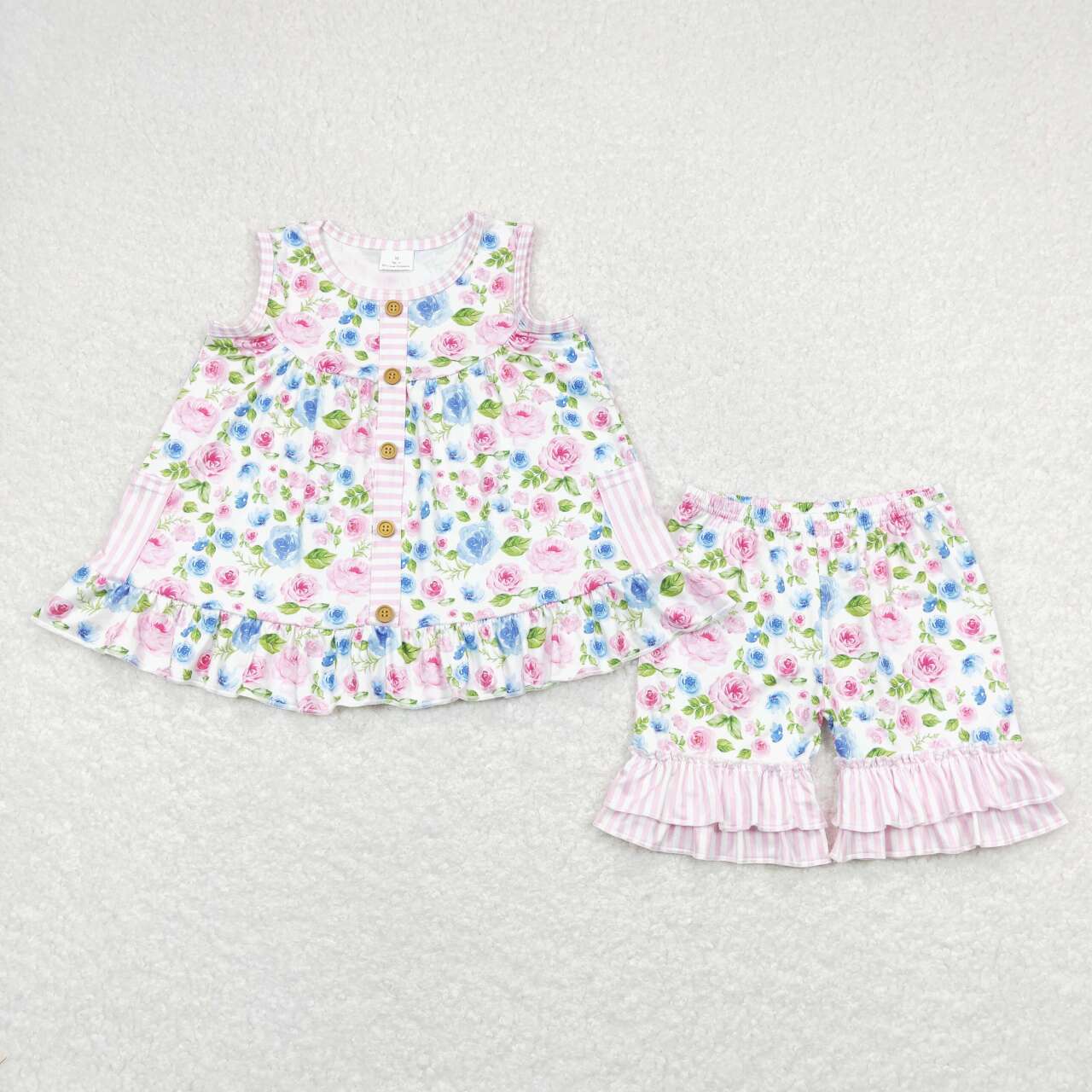 GSSO0569 Colorful flowers pink pockets sleeveless pink ruffles shorts girls set