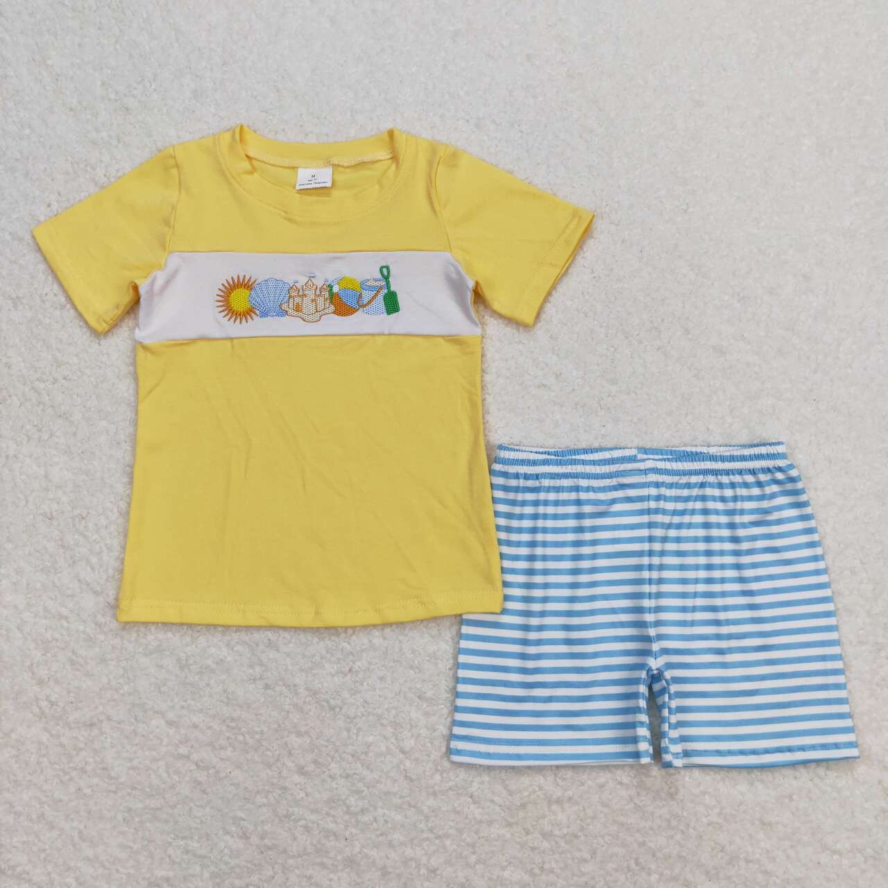 BSSO0397 embroidery Beach castle yellow short sleeve blue striped shorts boys set