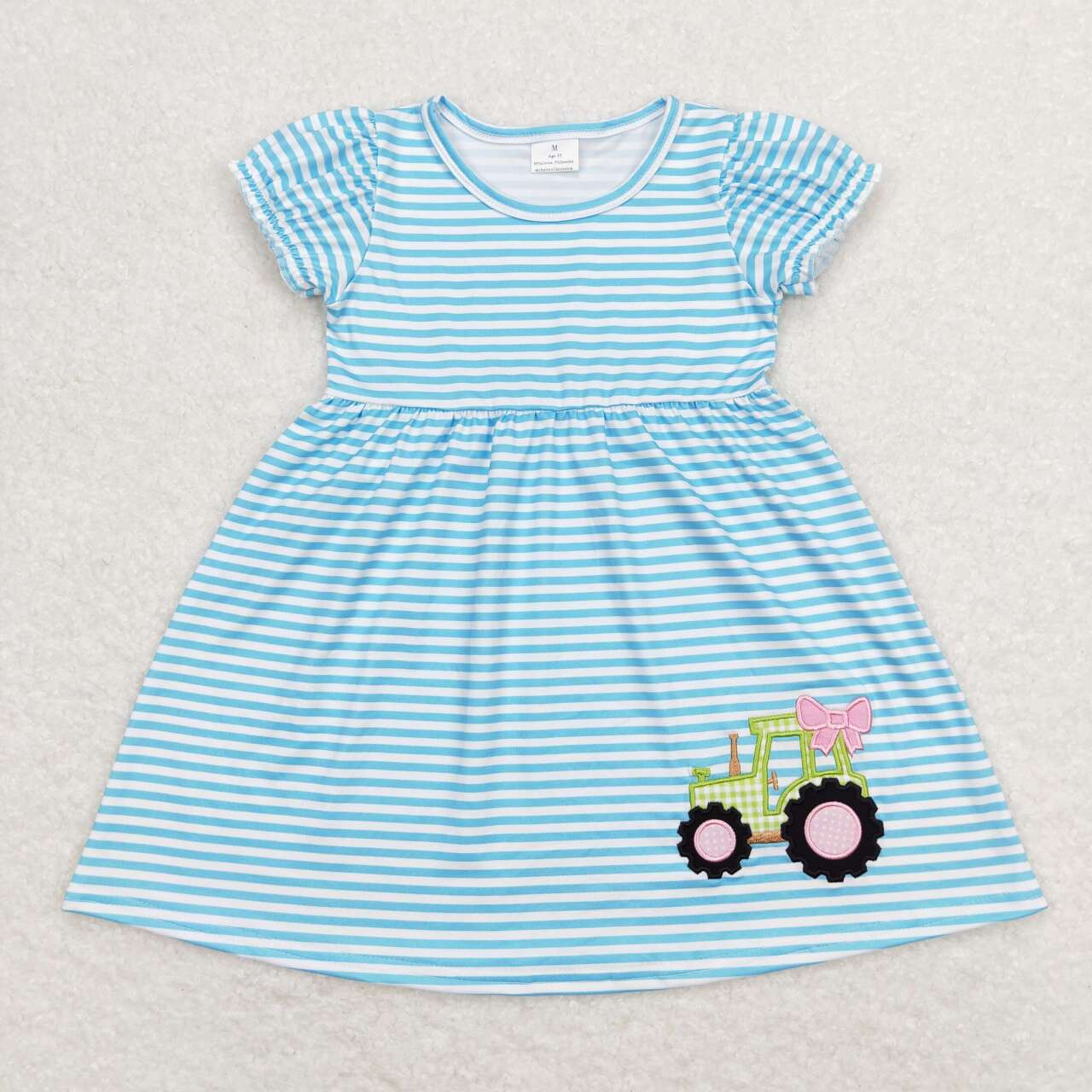 GSD0835 embroidery Farm green tractor blue striped short sleeve girls dress