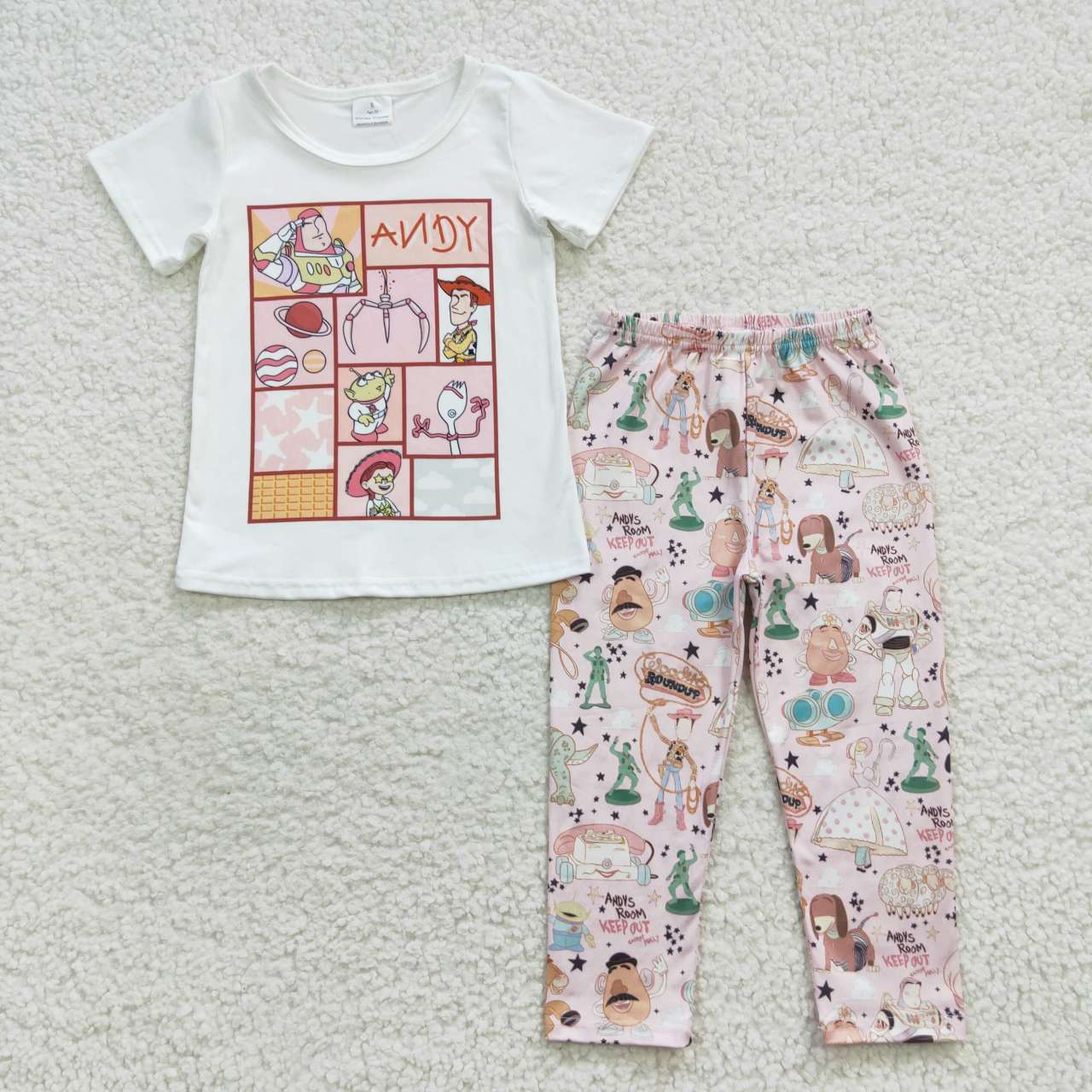 GSPO0749 Cartoon toy white short sleeve pink pants girls set kids clothes