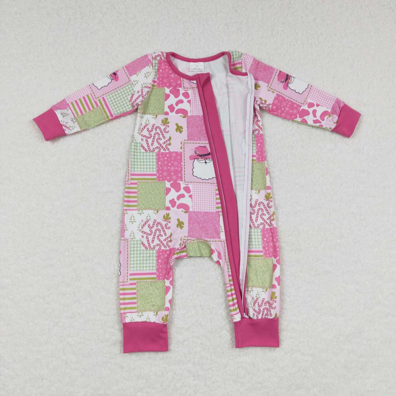 LR0722 Christmas cow print cane candy pink long sleeve girls romper