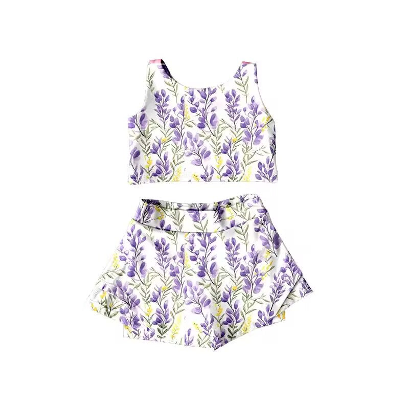 preorder S0419 purple flowers sleeveless girls 2pcs tennis clothes sportswear