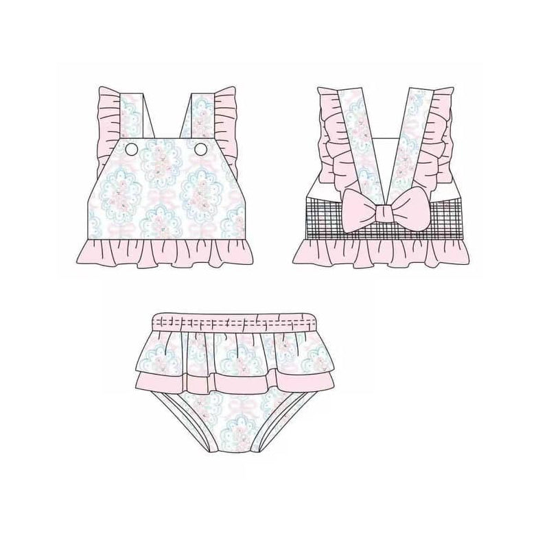preorder S0484 Pink Flowers Flutter Sleeve With Bow 2PC Girls Swimsuits