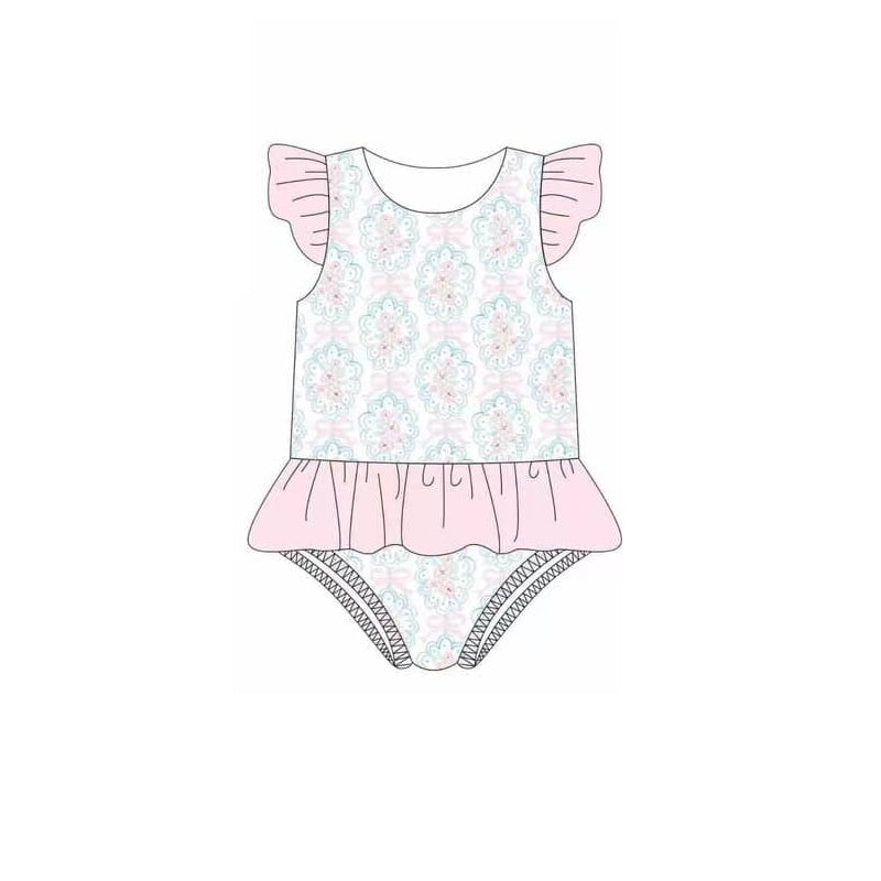 preorder S0485 Pink Flowers Flutter Sleeve Girls Bathing Swimsuits