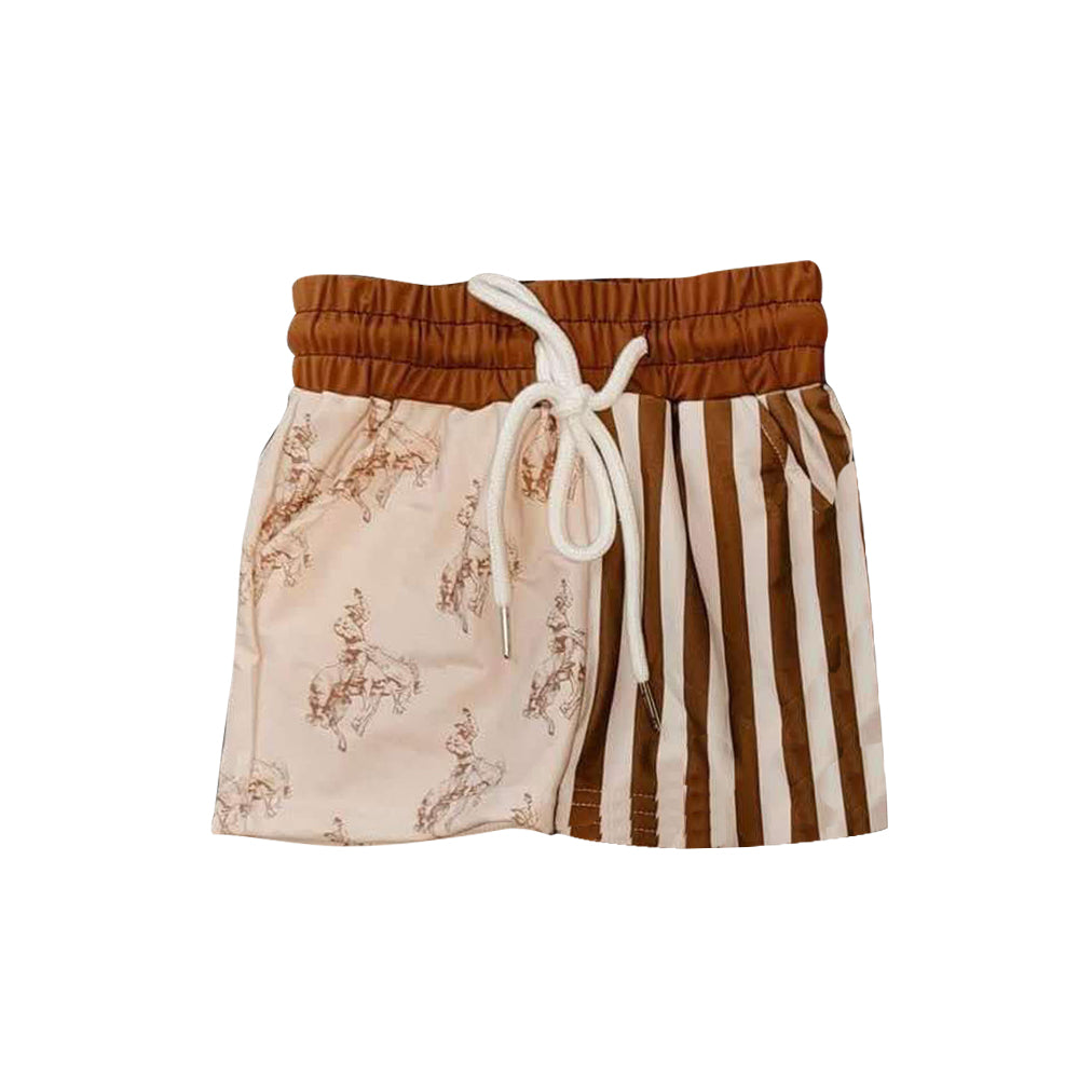 preorder S0490 Western Rodeo Brown Striped Boys Swimming Trunk