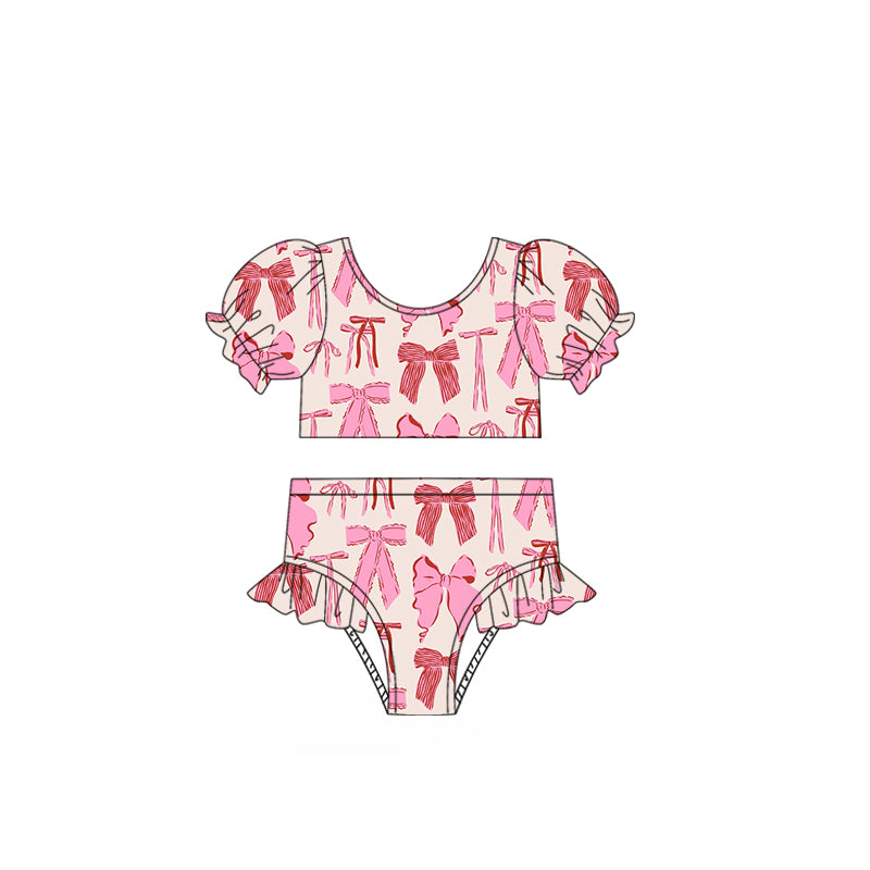 preorder S0493 Pink Red Bows Short Sleeve 2PC Girls Swimsuits