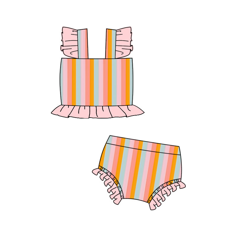 preorder S0495 Rainbow Striped Pink Flutter Sleeve 2PC Girls Swimsuits
