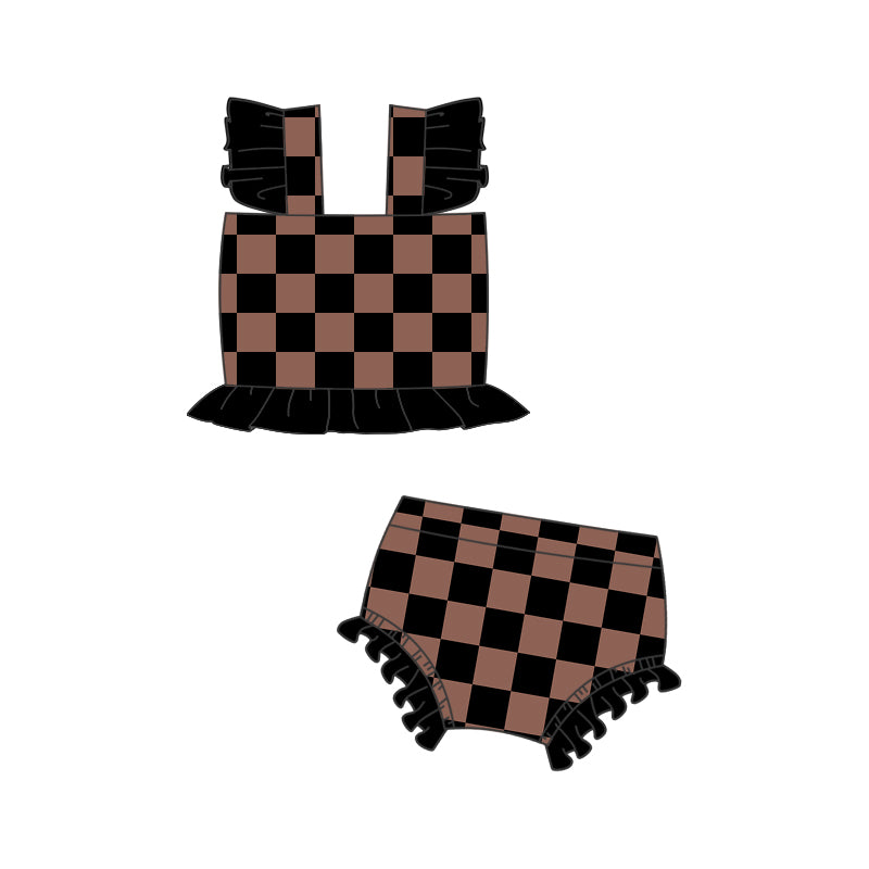 preorder S0496 Black Brown Checkered Flutter Sleeve 2PC Girls Swimsuits