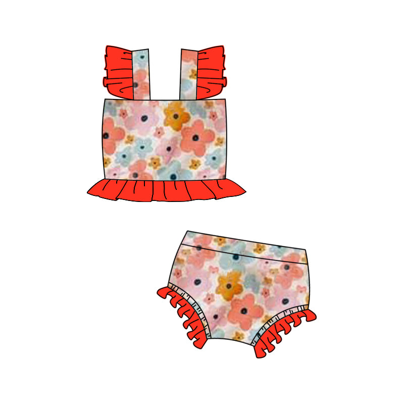 preorder S0497 Colorful Flowers Red Flutter Sleeve 2PC Girls Swimsuits