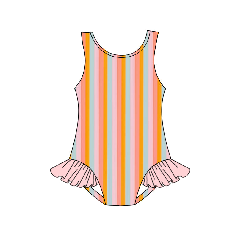 preorder S0500 Rainbow Striped Pink Sleeveless Girls Bathing Swimsuits