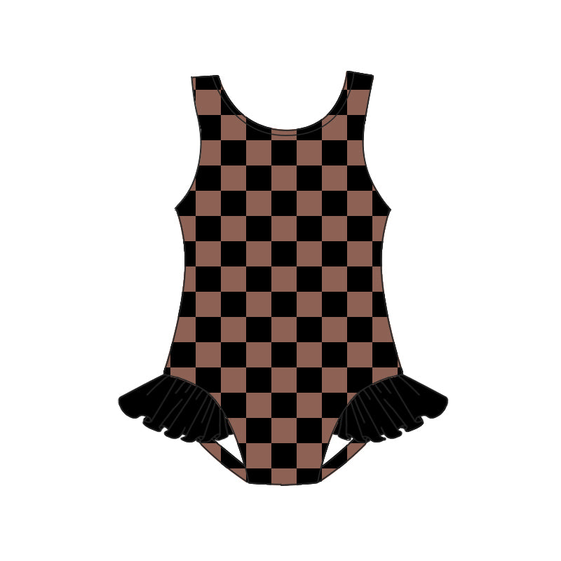 preorder S0501 Black Brown Checkered Sleeveless Girls Bathing Swimsuits