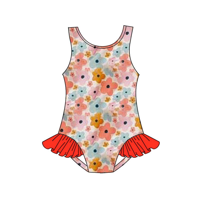 preorder S0502 Colorful Flowers Red Sleeveless Girls Bathing Swimsuits