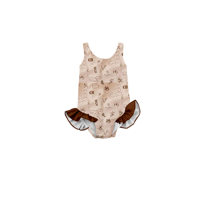preorder S0504 Western Letter Brown Sleeveless Girls Bathing Swimsuits