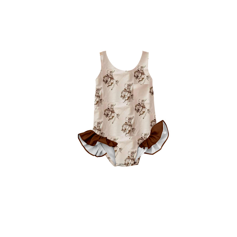 preorder S0505 Western Rodeo Brown Sleeveless Girls Bathing Swimsuits