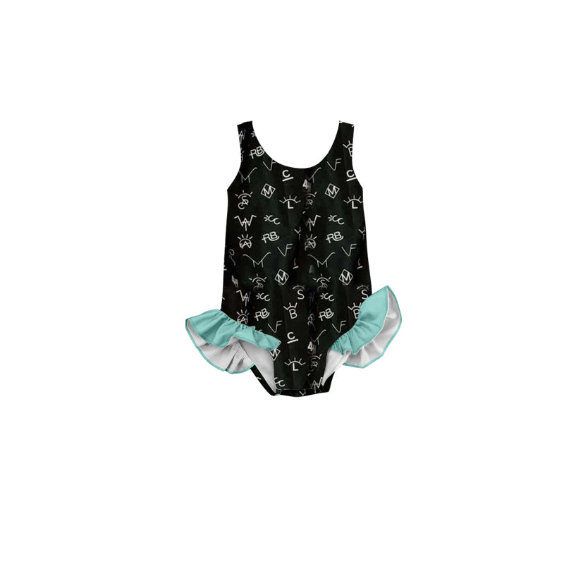 preorder S0507 Western Letter Black Sleeveless Girls Bathing Swimsuits