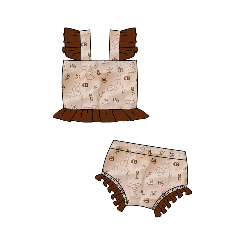 preorder S0508 Western Letter Brown Flutter Sleeve 2pcs Girls Swimsuits