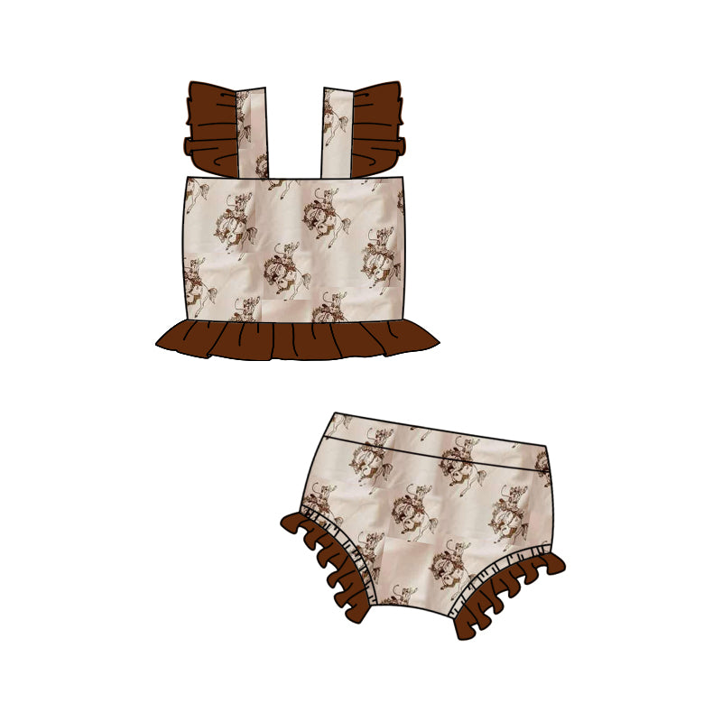 preorder S0509 Western Rodeo Brown Flutter Sleeve 2pcs Girls Swimsuits