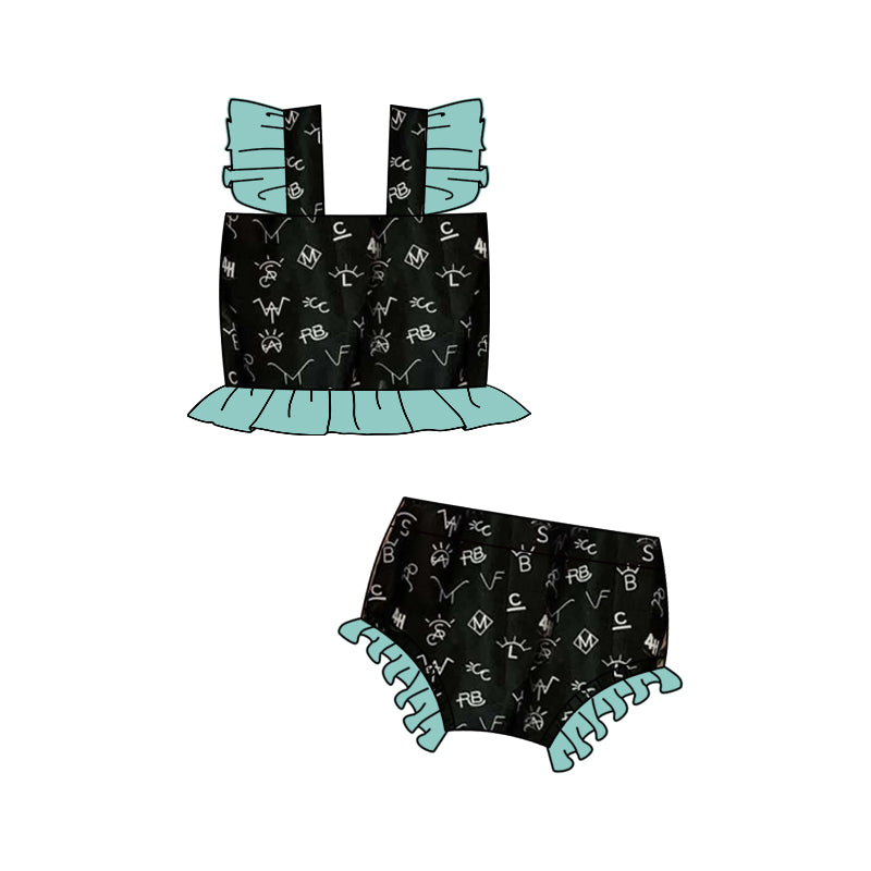 preorder S0511 Western Letter Black Flutter Sleeve 2pcs Girls Swimsuits