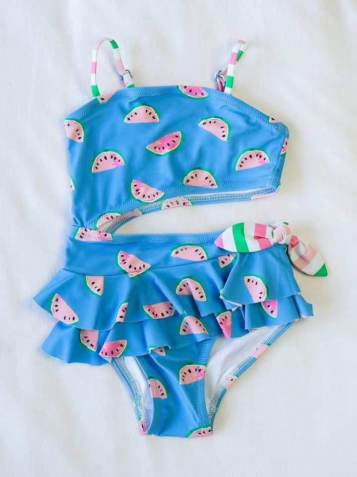 preorder S0527 watermelon blue ruffles girls bathing swimsuits
