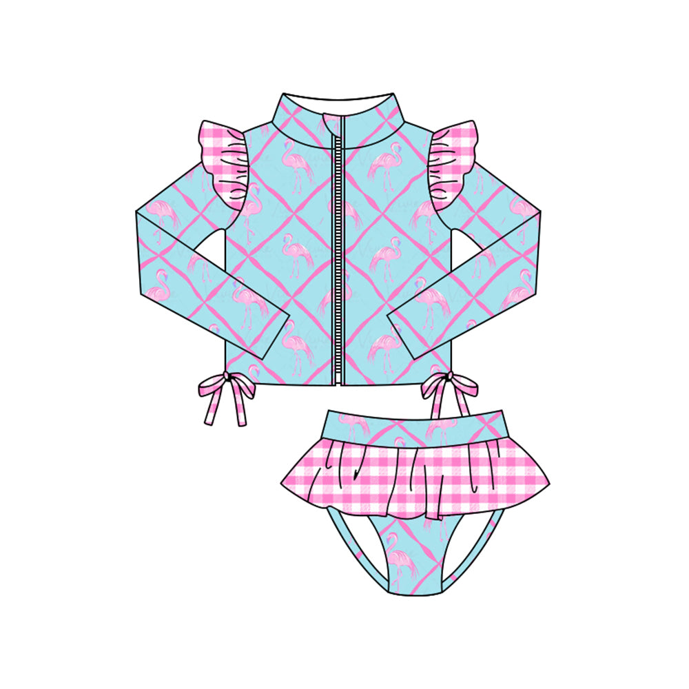 preorder S0604 flamingo bow pink checkered zipper long sleeve girls swimsuits