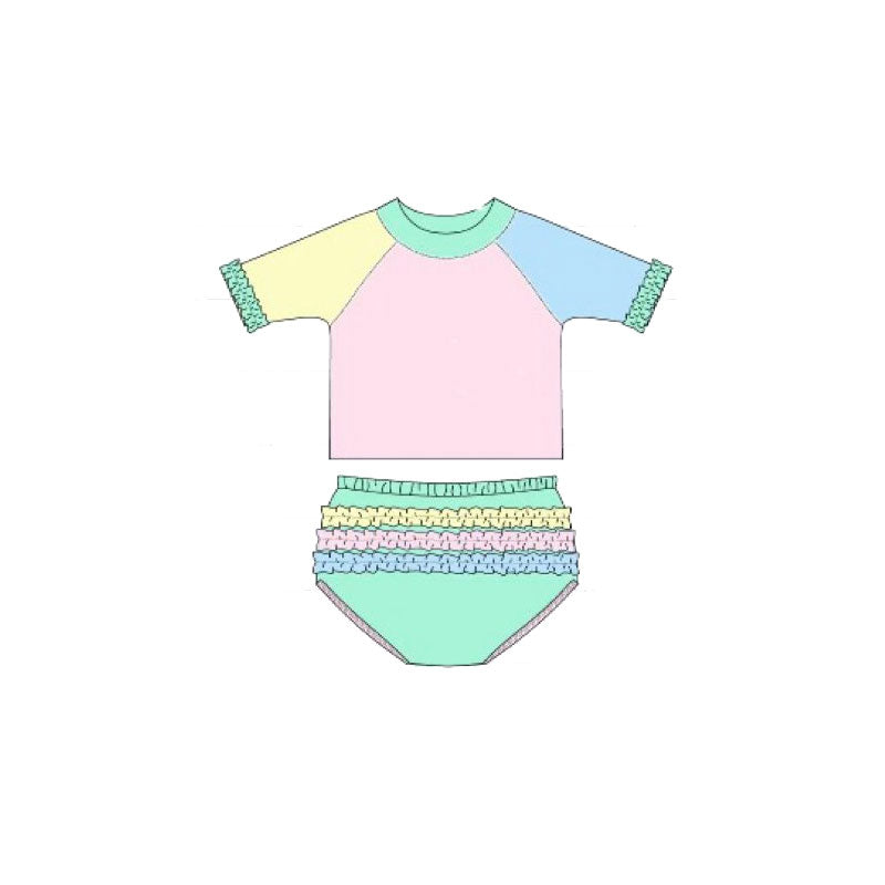 preorder S0636 Yellow Pink Blue Mint Green Short Sleeve Shorts Girls Swimsuits