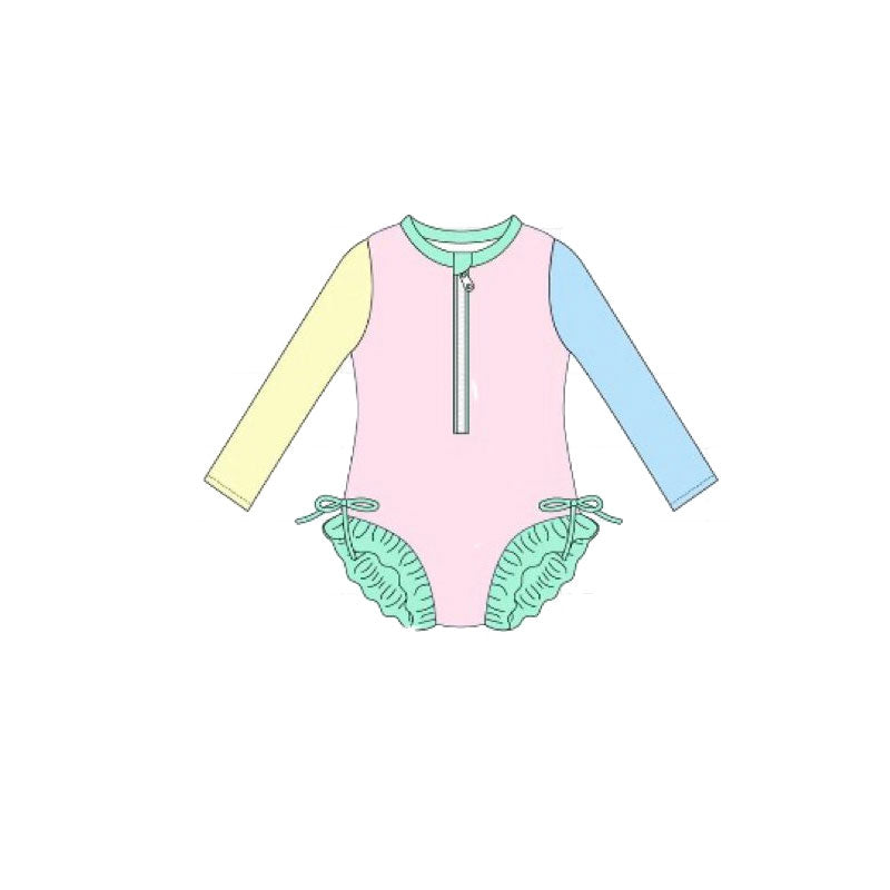 preorder S0638 Yellow Pink Blue Long Sleeve Girls Swimsuits