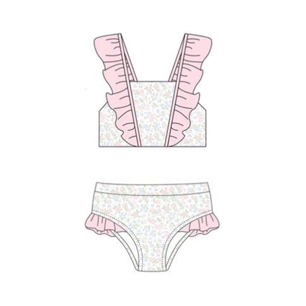 preorder S0653 Pink Flowers Floral Flutter Sleeve Shorts Girls Swimsuits