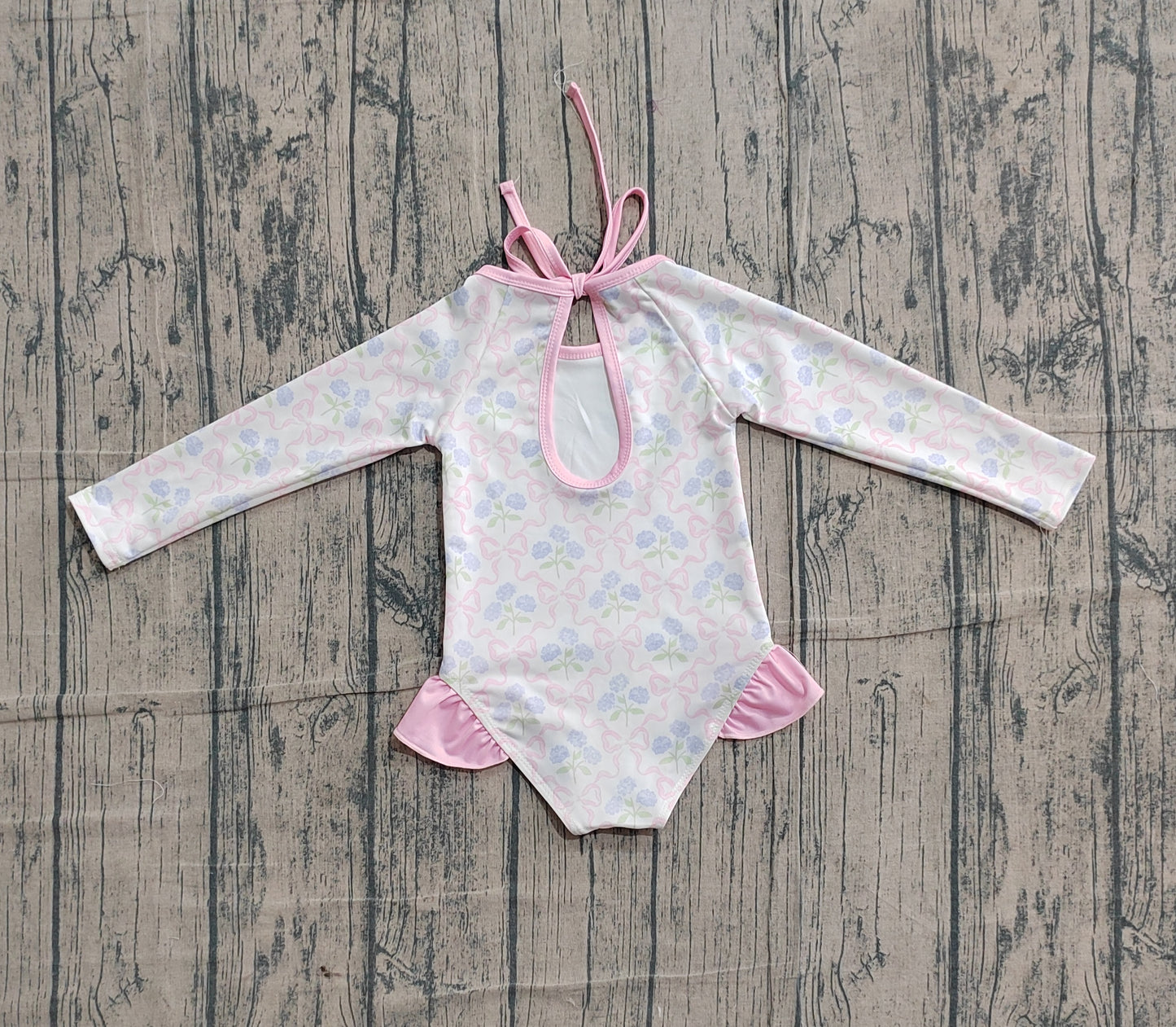 preorder Samples S0655 Flowers Bows Pink Long Sleeve Girls Swimsuits