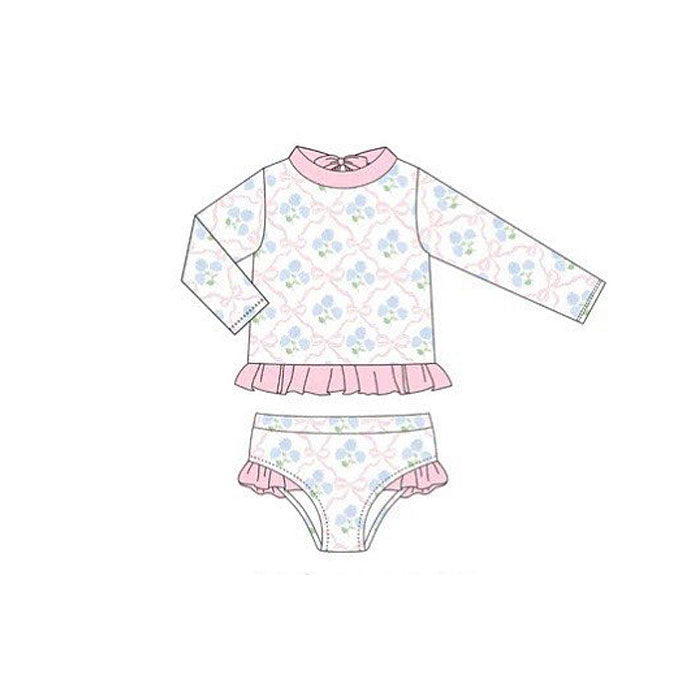 preorder S0658 Blue Flowers Pink Bows Long Sleeve Shorts Girls Swimsuits