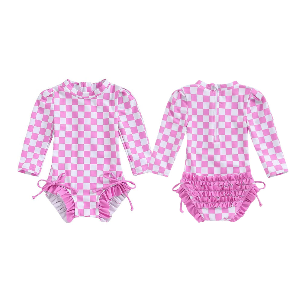 preorder S0715 Hot Pink Checkered Girls Swimsuits