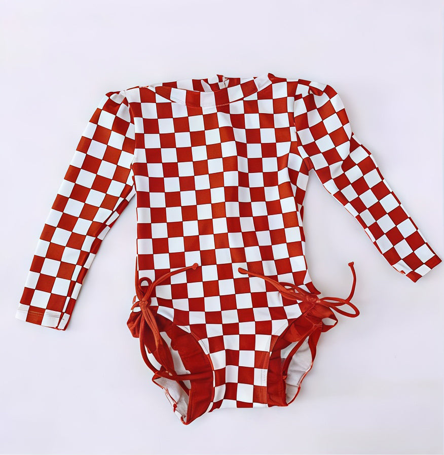 preorder S0717 Maroon Checkered Girls Swimsuits