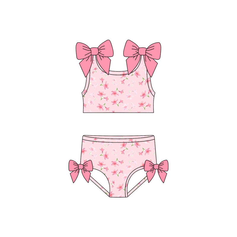 preorder S0739 Pink Flowers Bows Sleeveless Girls Swimsuits