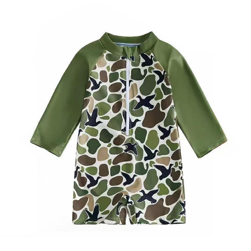 preorder S0748 Camo Mallard Duck Zipper Long Sleeve Boys Swimsuits