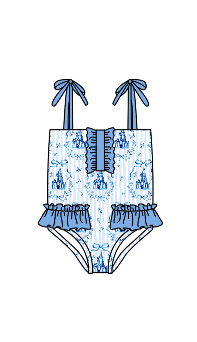 preorder S0753 Blue Castle Bows Girls Swimsuits
