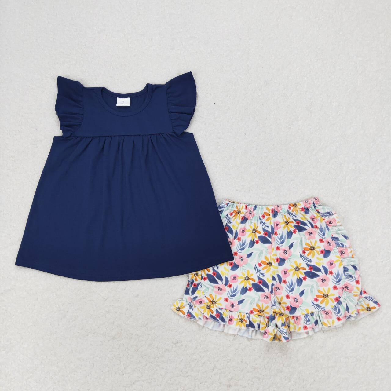 GSSO1296 navy blue flutter sleeve colorful flowers shorts girls set
