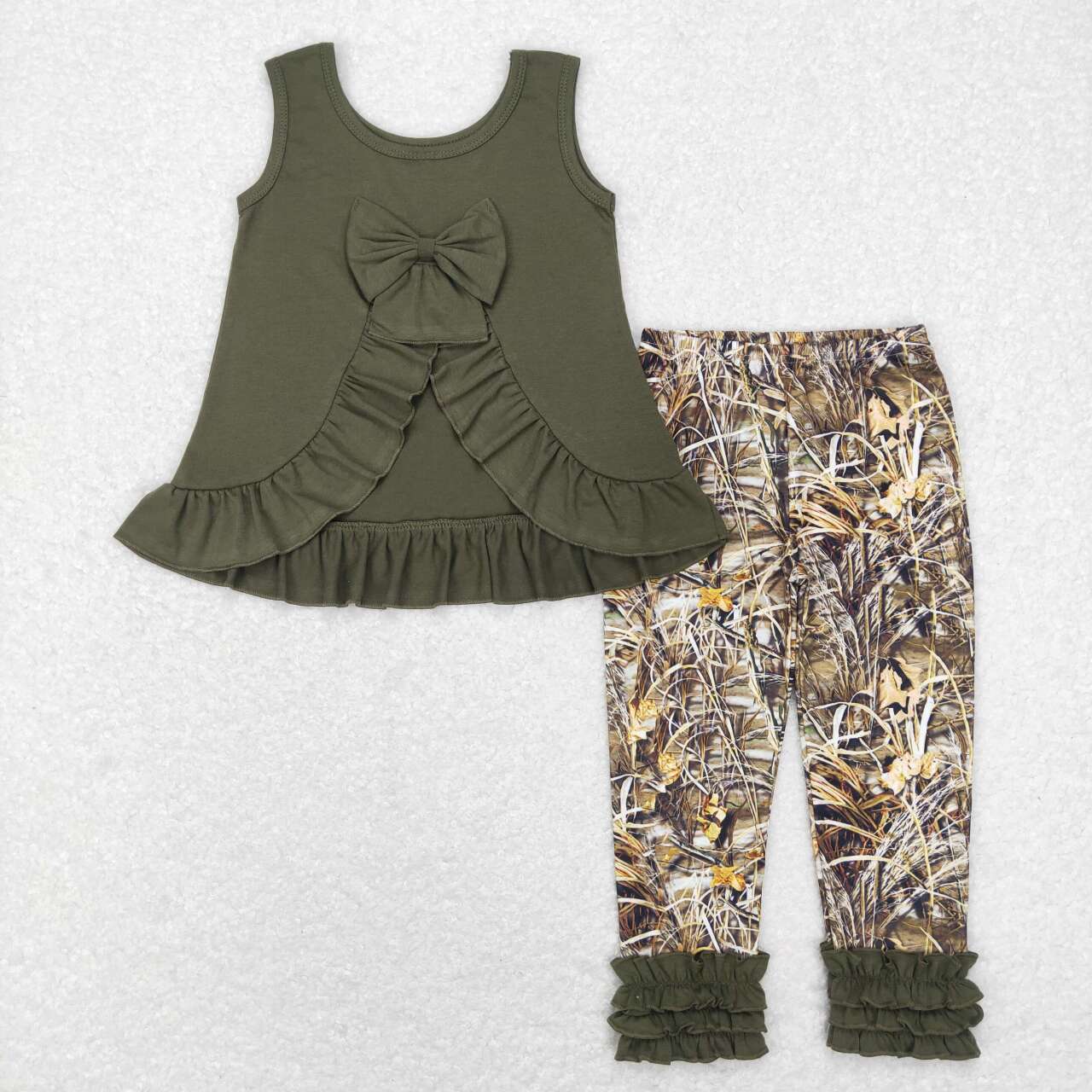 GSPO1089 Hunting camo brown ruffles sleeveless pants girls set