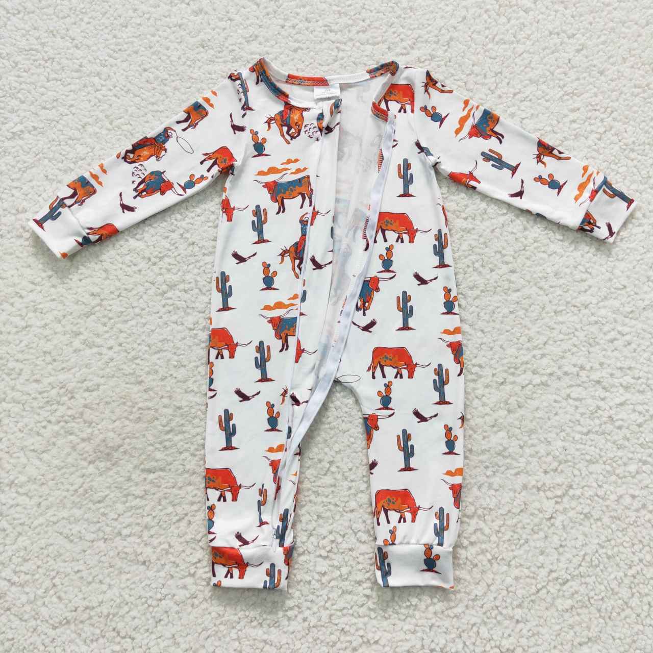 LR0341 Western Cactus Horse Riding White Kids Romper