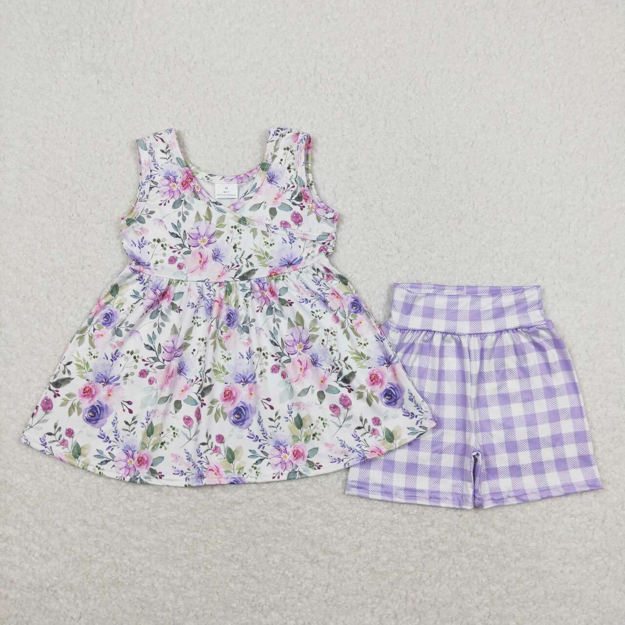 GSSO0742 Pink flowers sleeveless purple checkered shorts girls set