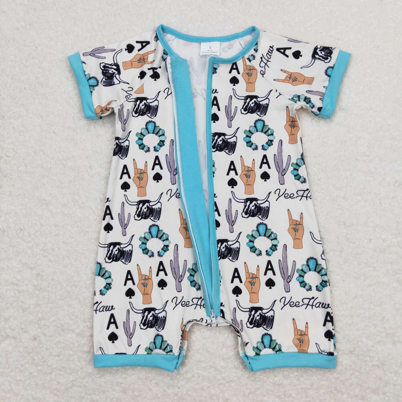 SR1200 Western cactus cow short sleeve zipper boys romper