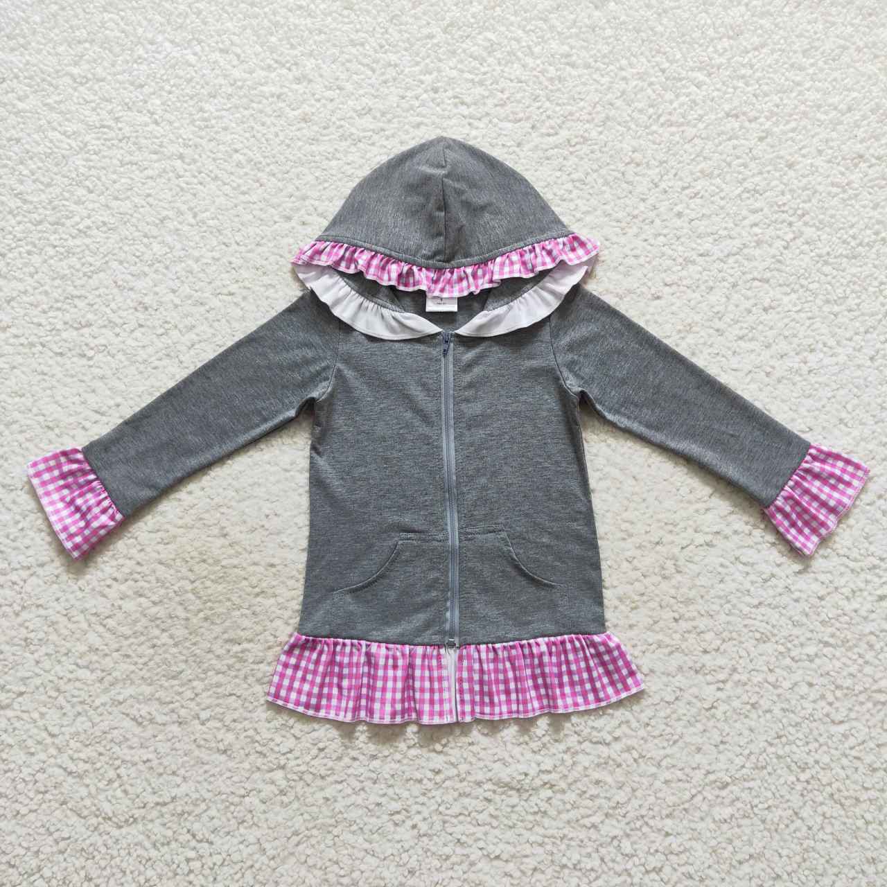 GT0260 Purple plaid grey long sleeve hoodie girls top